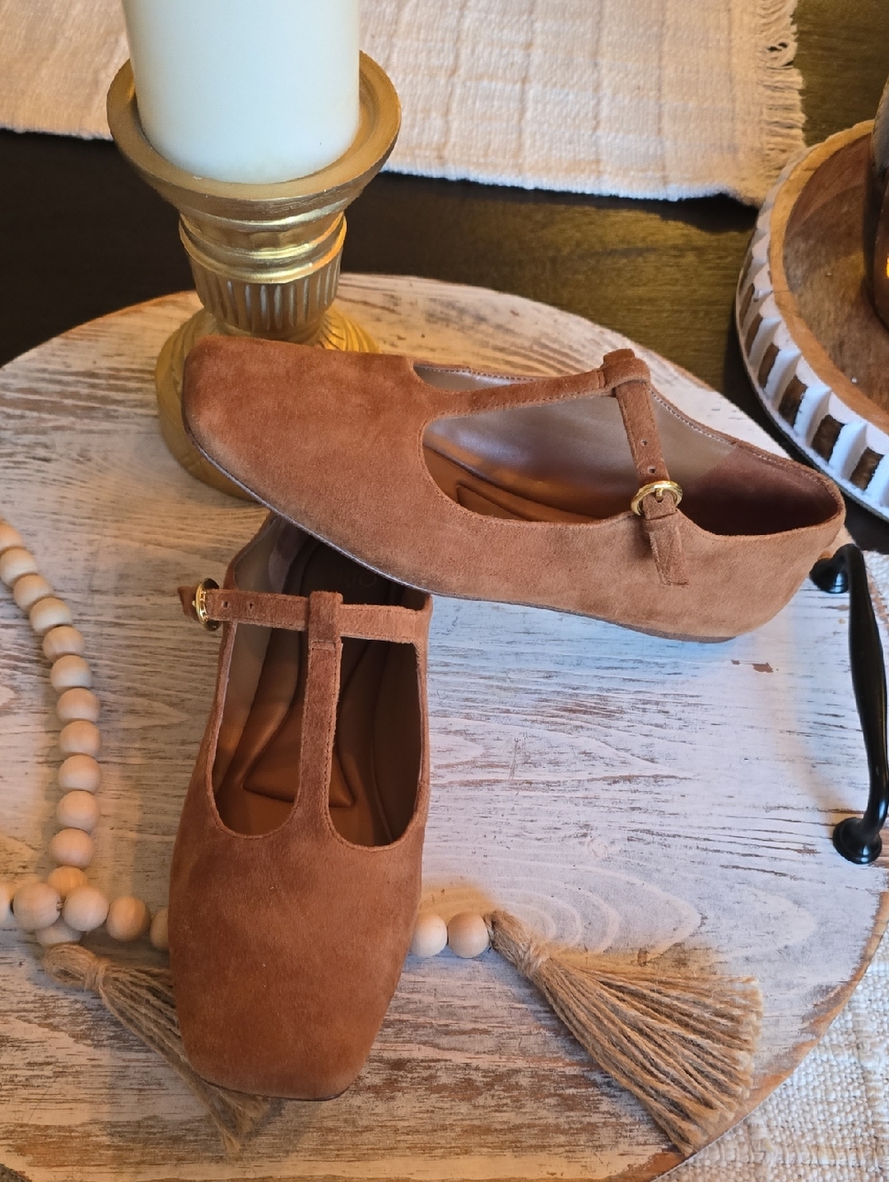 SARTO By Franco Sarto Tan Suede T‑Strap Flats